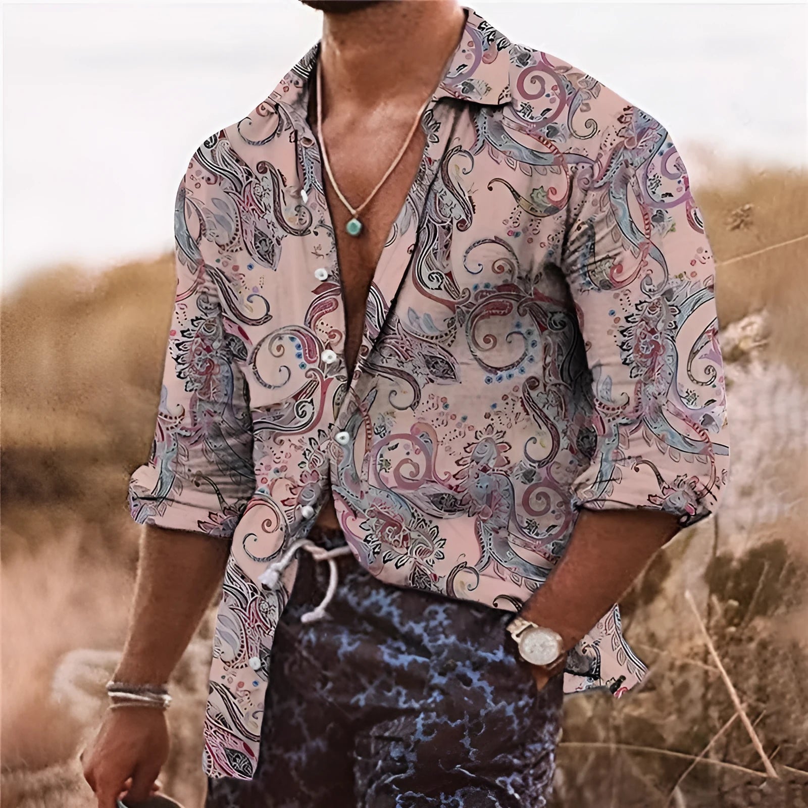 Men's loose fit shirt with 3D floral pattern printing, long sleeves, business casual styling