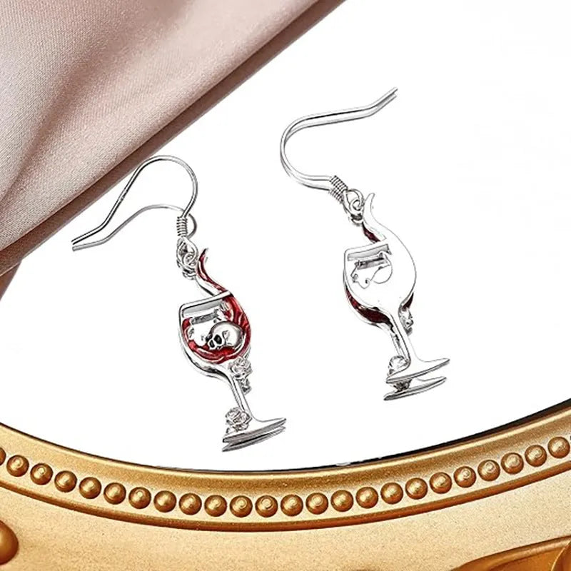 Halloween skull wine glass drop earrings with electroplated zinc alloy construction and geometric shapes