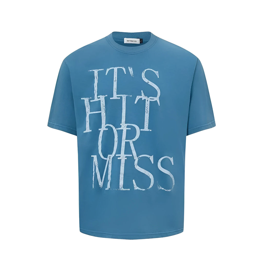 Men's American retro style T-shirt with printed letters in blue colour