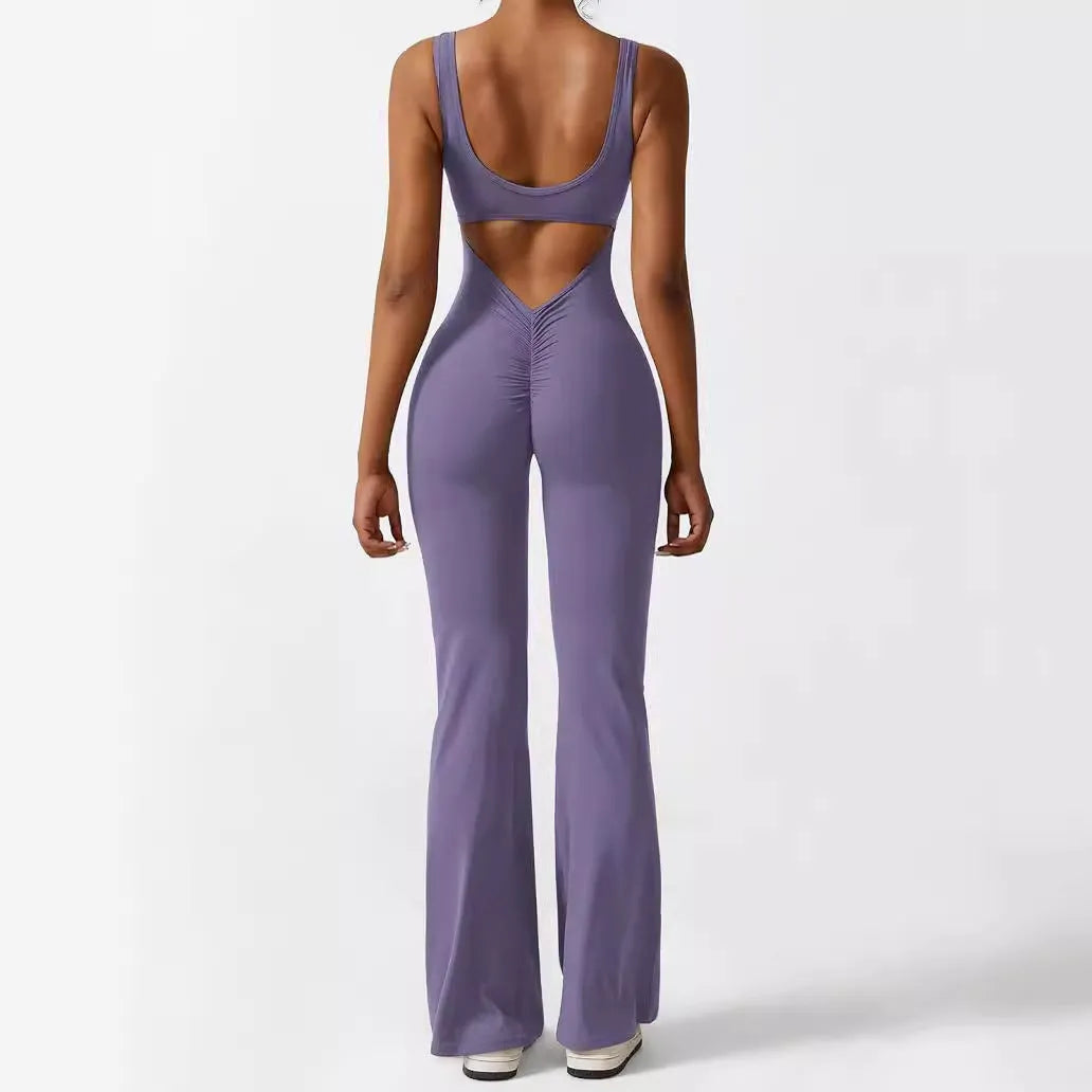 Women's sleeveless flare jumpsuit in polyester for fitness and yoga