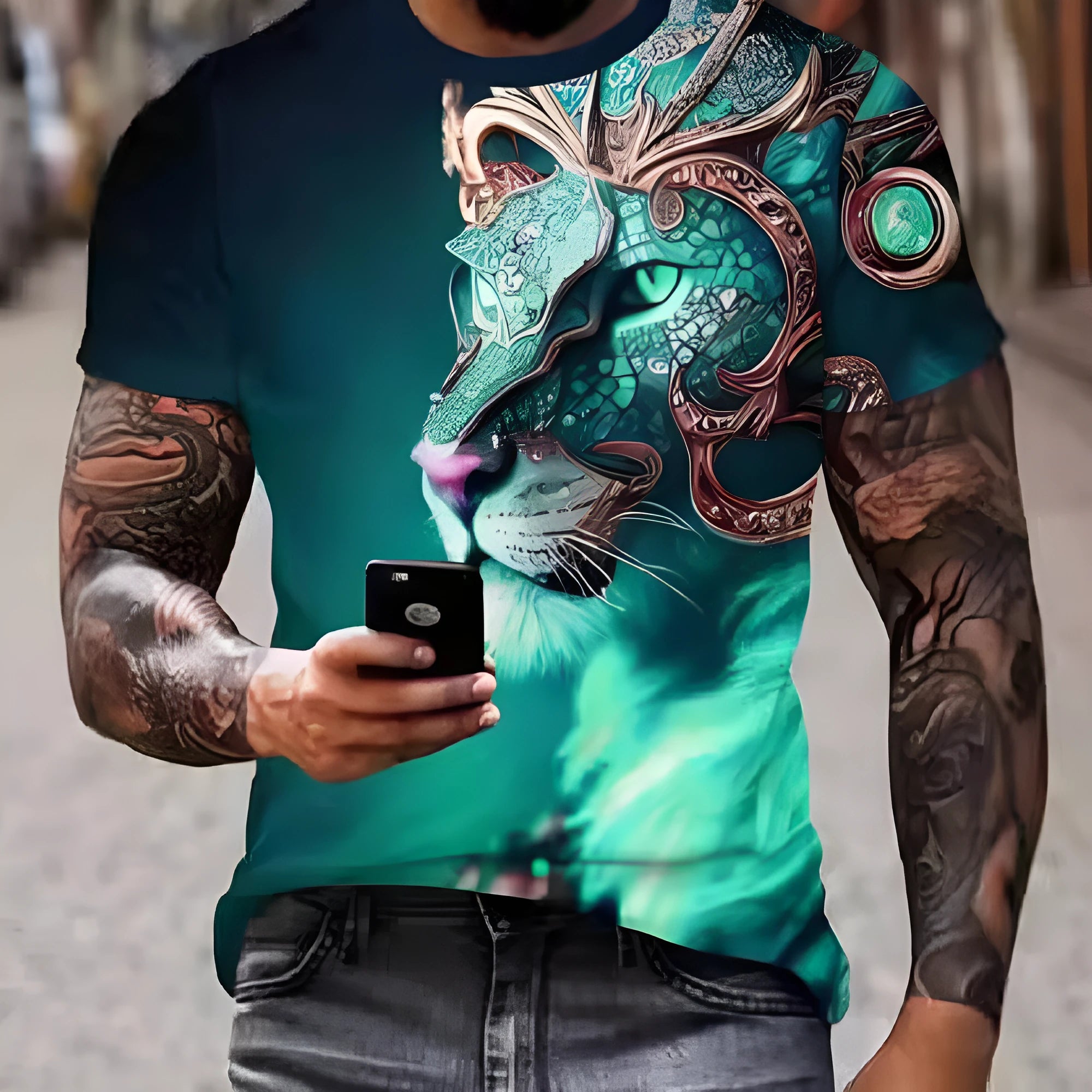 Men's black t-shirt with a large, textured 3D lion graphic print on the chest.