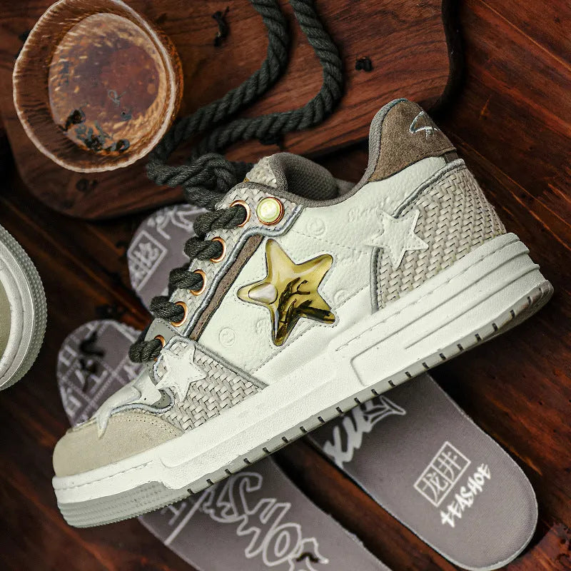 Cowhide leather low-top platform running shoes in a tea colour with round toe and rubber sole.
