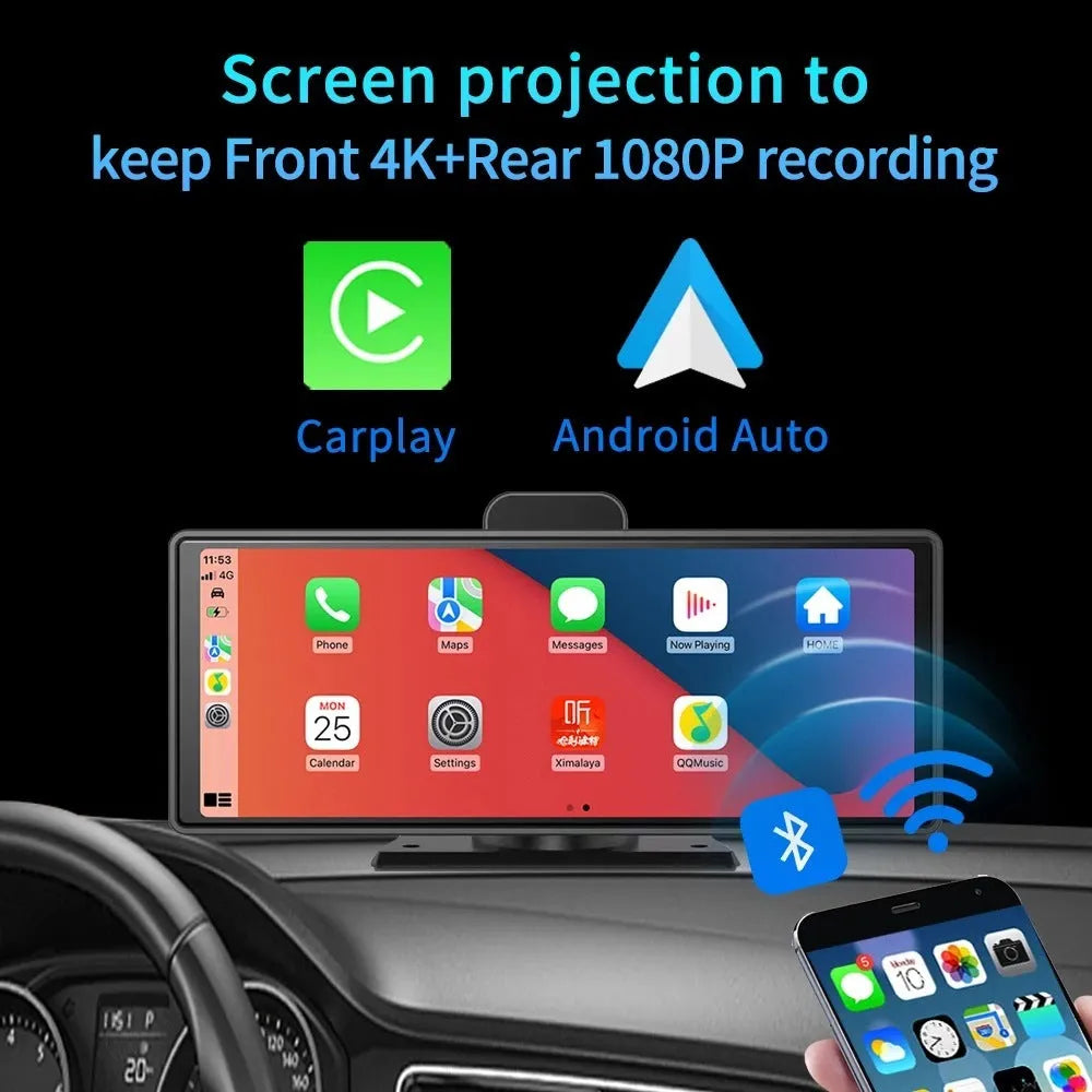 Black car dashboard camera with 10.26-inch screen and rear camera for dual recording