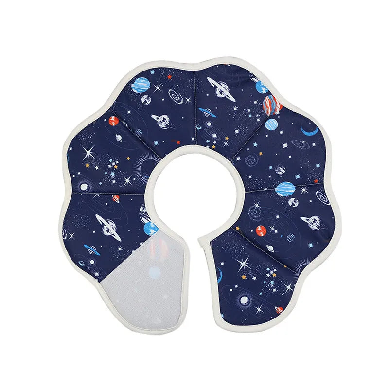 Soft fabric cat recovery cone collar with adjustable fastener in constellation or planet design