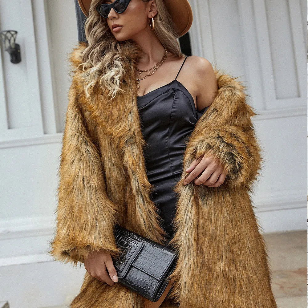 Yellow women's artificial fur coat with regular sleeves measuring 80cm length