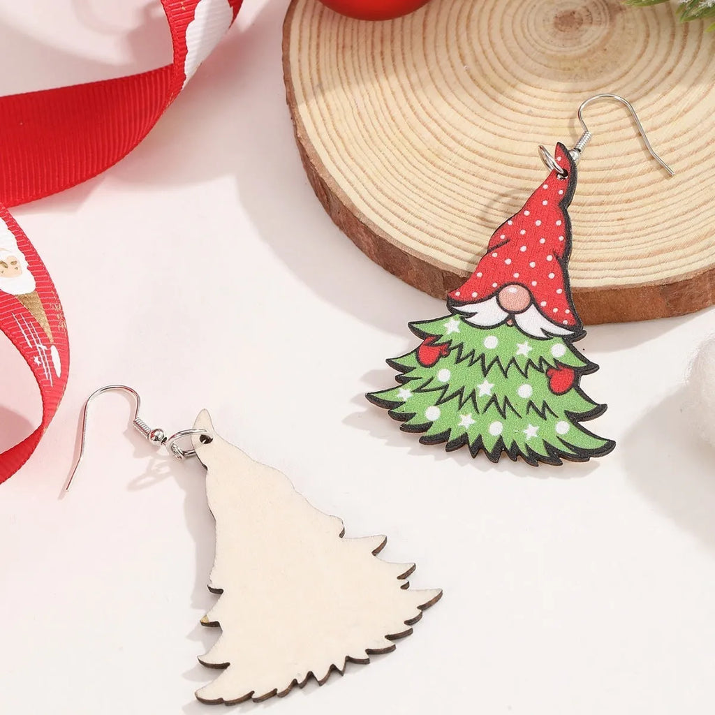 Women's wooden Christmas earrings with printed tree and snowman designs