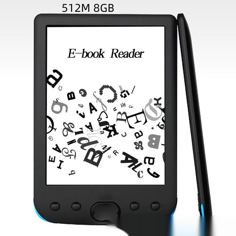 Black 6-inch E-ink e-book reader with anti-glare screen on a table.