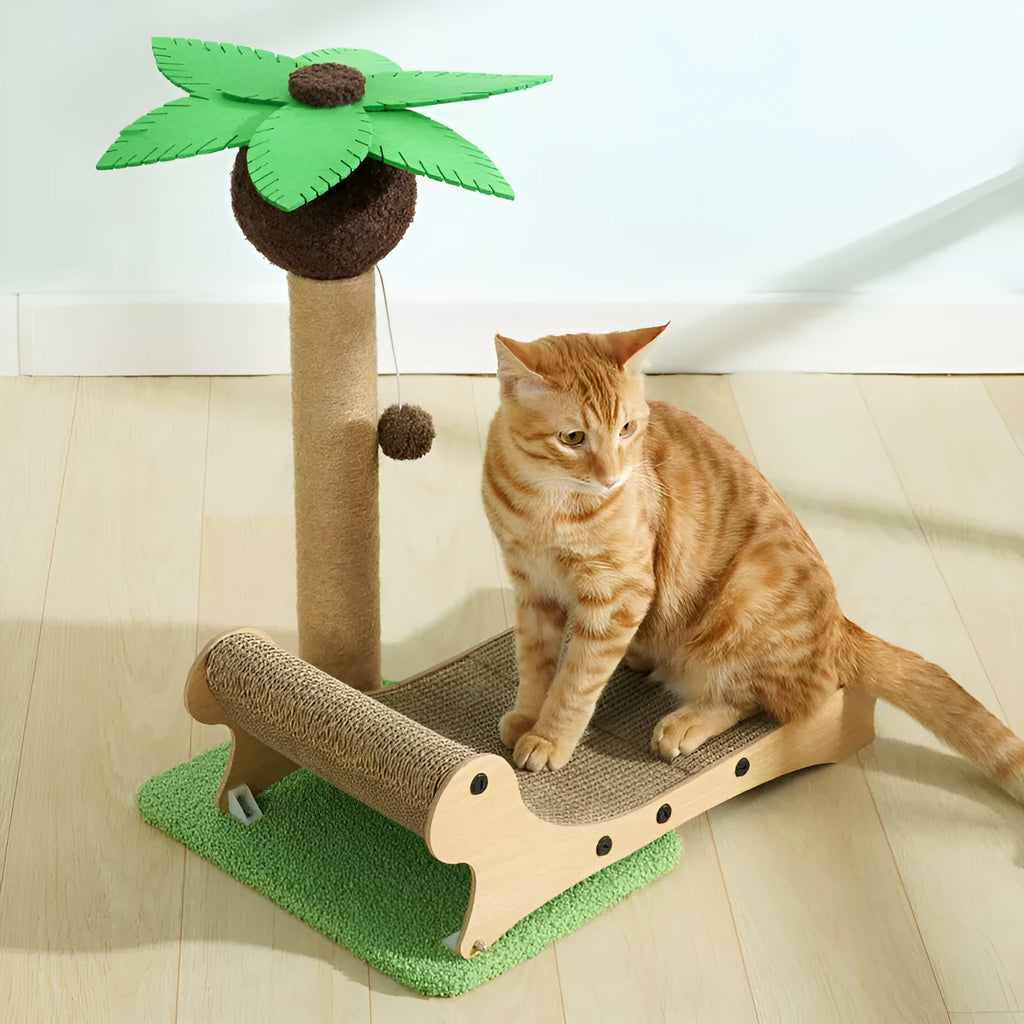 Wooden beach chair cat bed with integrated scratch board and hemp mat column