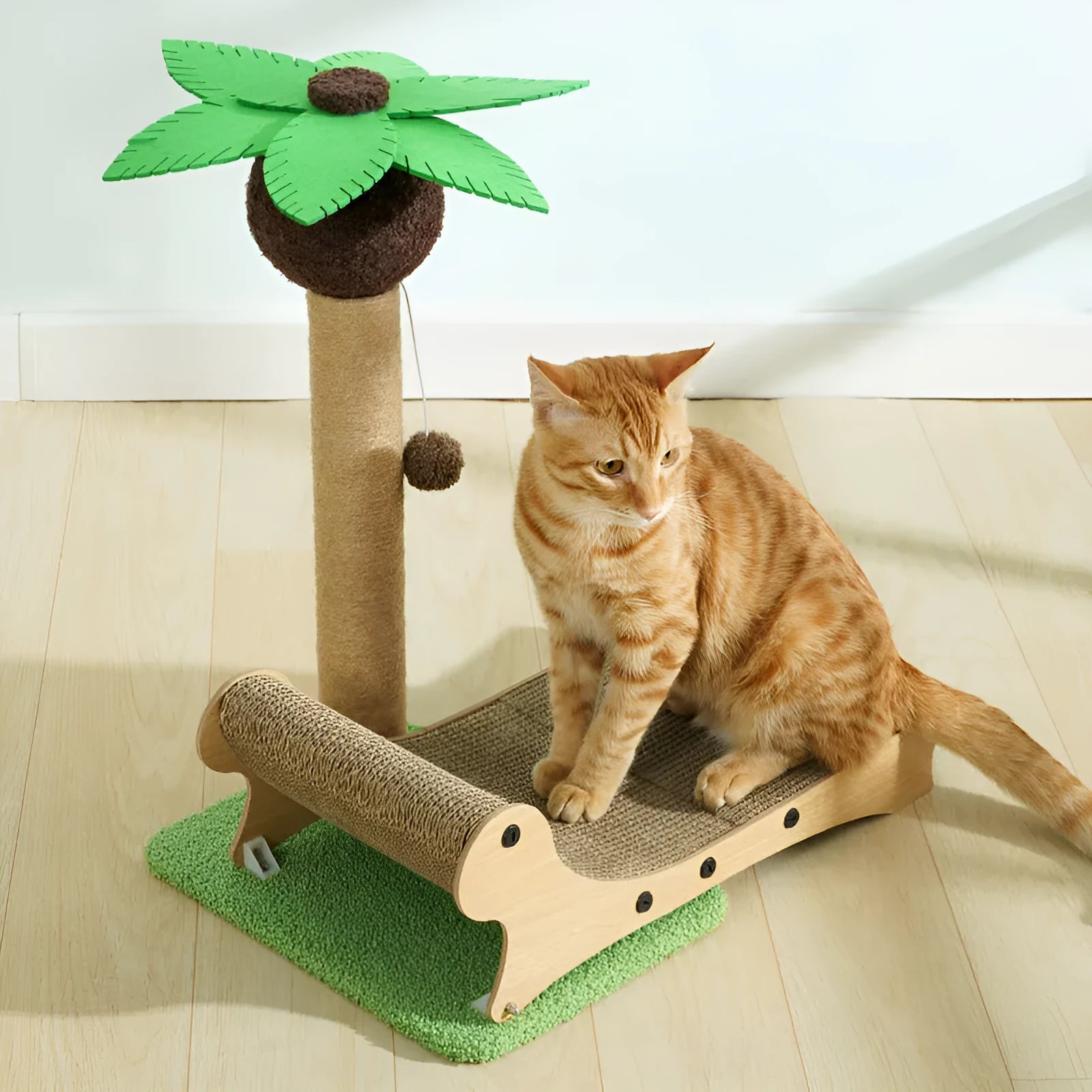 Wooden beach chair cat bed with integrated scratch board and hemp mat column