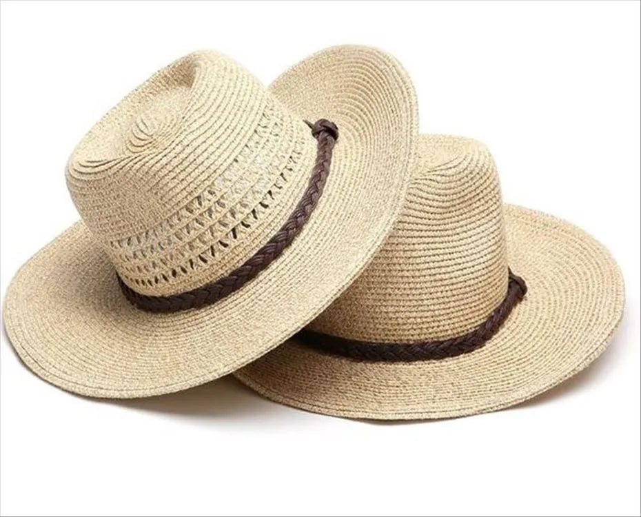 Men's foldable straw sun hat with a wide brim shown in a beige colour.