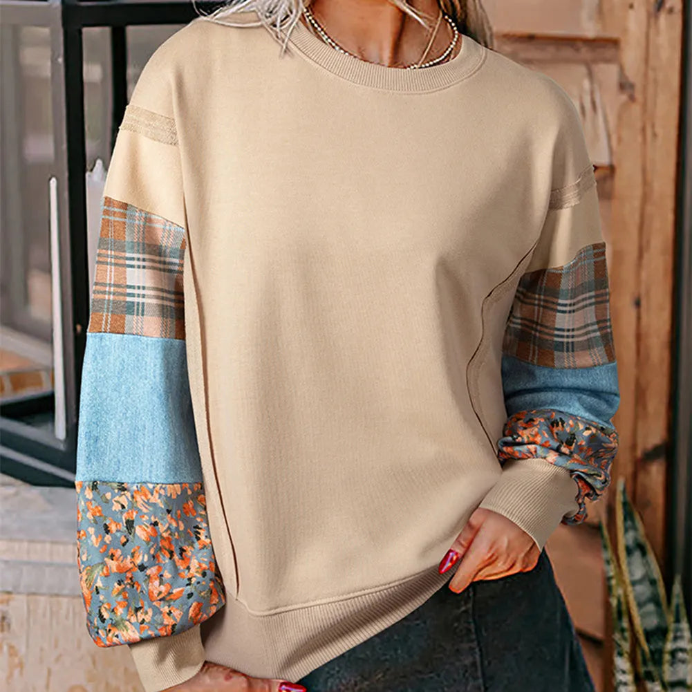 Women's loose fit plaid long-sleeved top in apricot colour with Japanese Korean styling