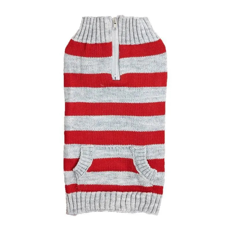 Grey acrylic dog sweater with horizontal front zipper and button pockets for small to medium breeds