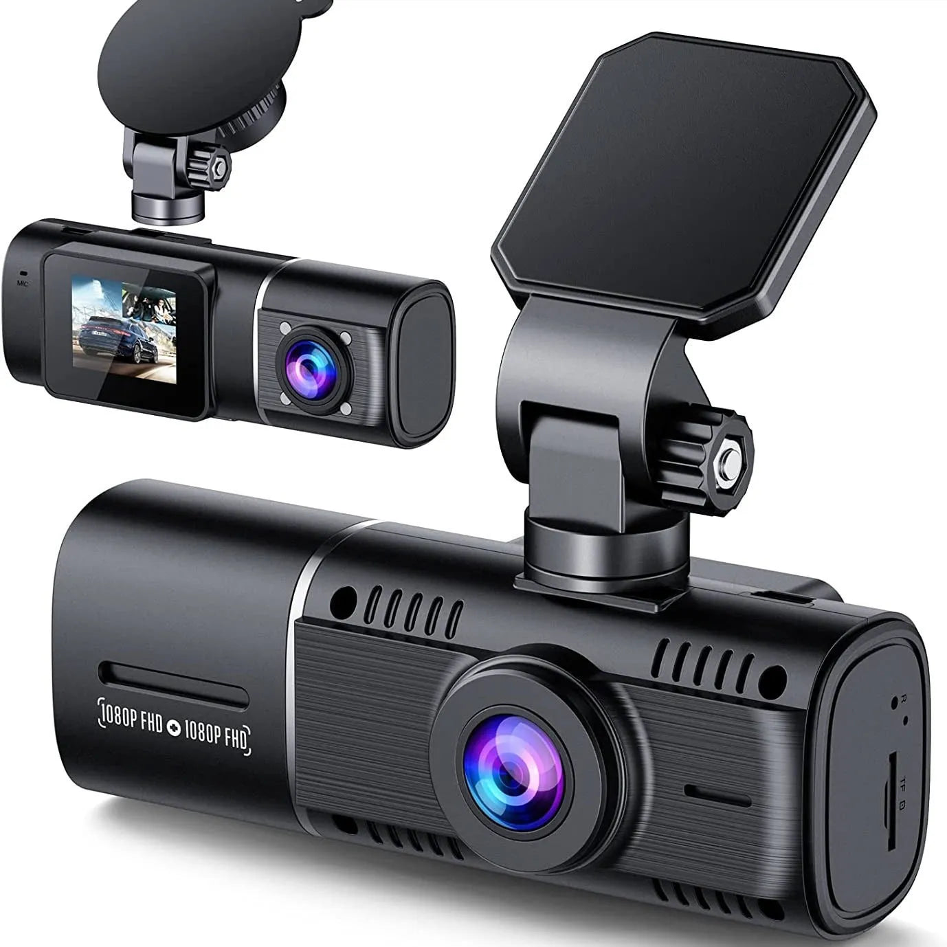 Black 1080p dual recording car dash camera with 1.5 inch screen on a windscreen stand.