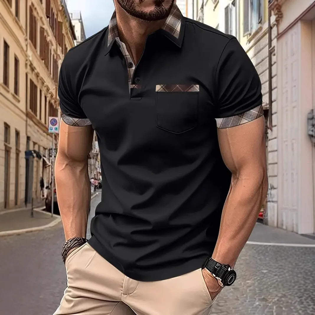 Men's loose fit short sleeve t-shirt with plaid colourblock design and zipper decorations