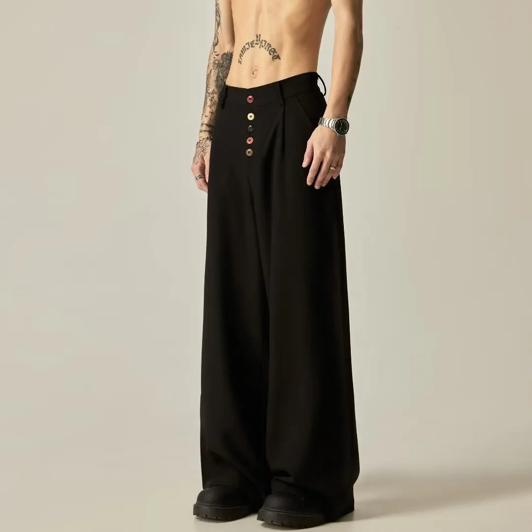 Men's black vertical tube wide-leg casual trousers with cardigan button leg opening