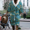 Men's peacock blue knitted shorts set with T-shirt jacket and mid-length trousers
