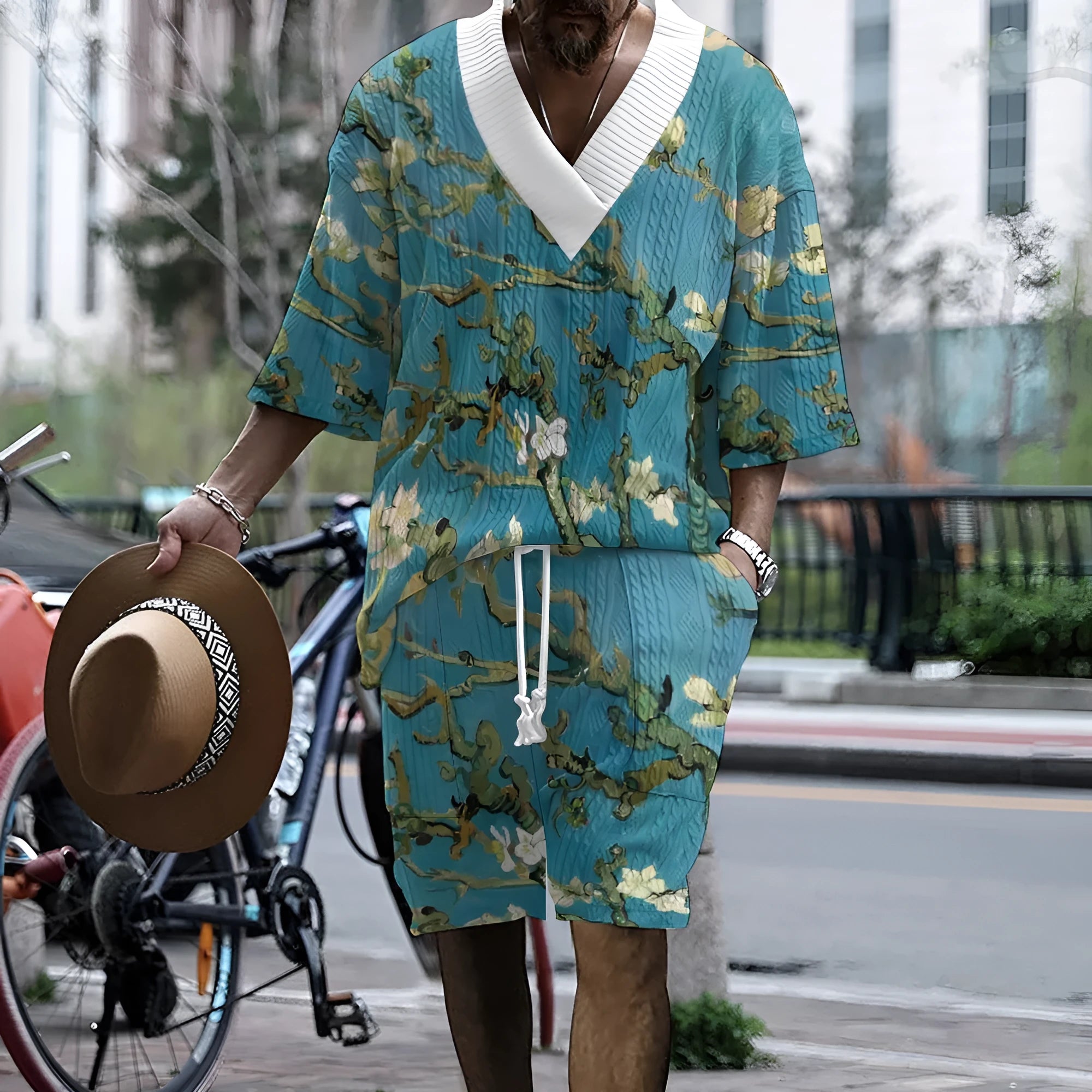 Men's peacock blue knitted shorts set with T-shirt jacket and mid-length trousers