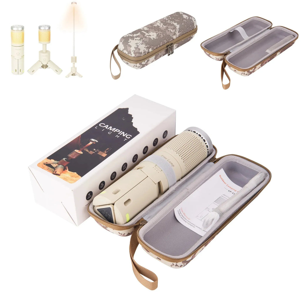 Portable creamy white and dark grey LED camping lantern with a button switch on a table.