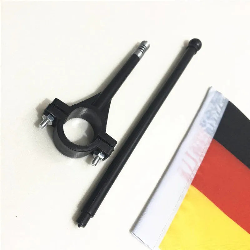 Cycling handlebar flag pole with square polyester flag mounted on bicycle