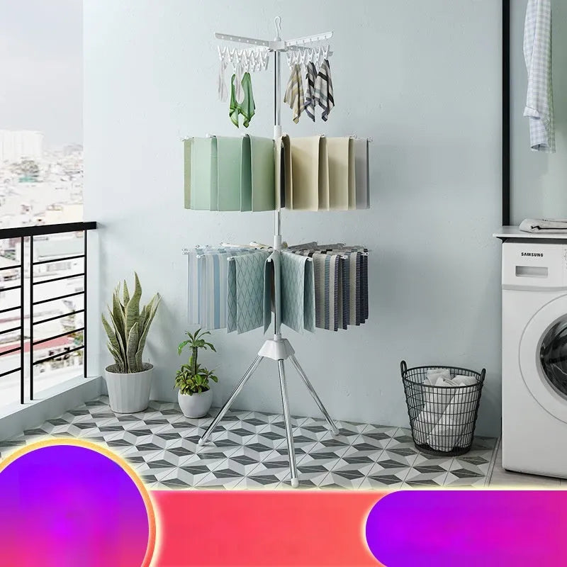 Three-tier stainless steel mobile laundry drying rack with plastic clips and separate clothes hanger
