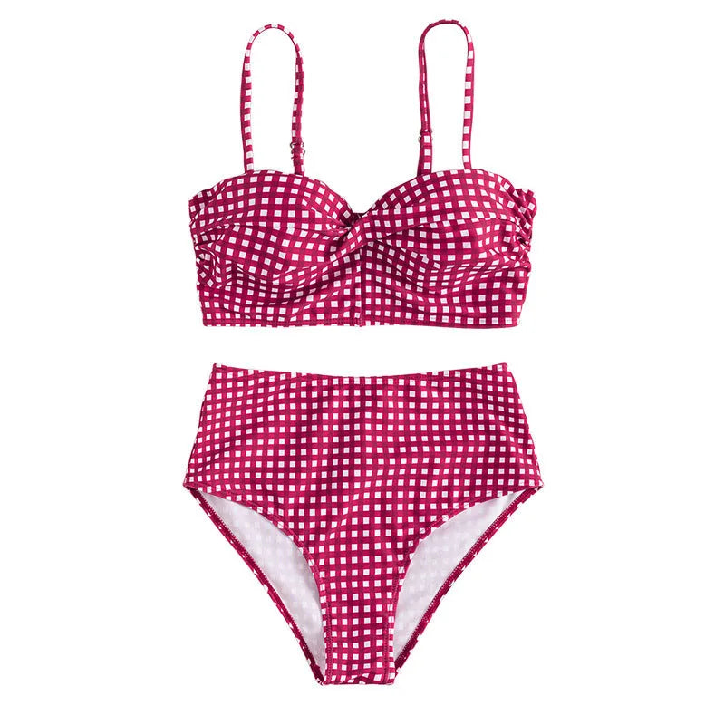 Women's rose red plaid high-waist bikini swimsuit with split briefs on a mannequin.