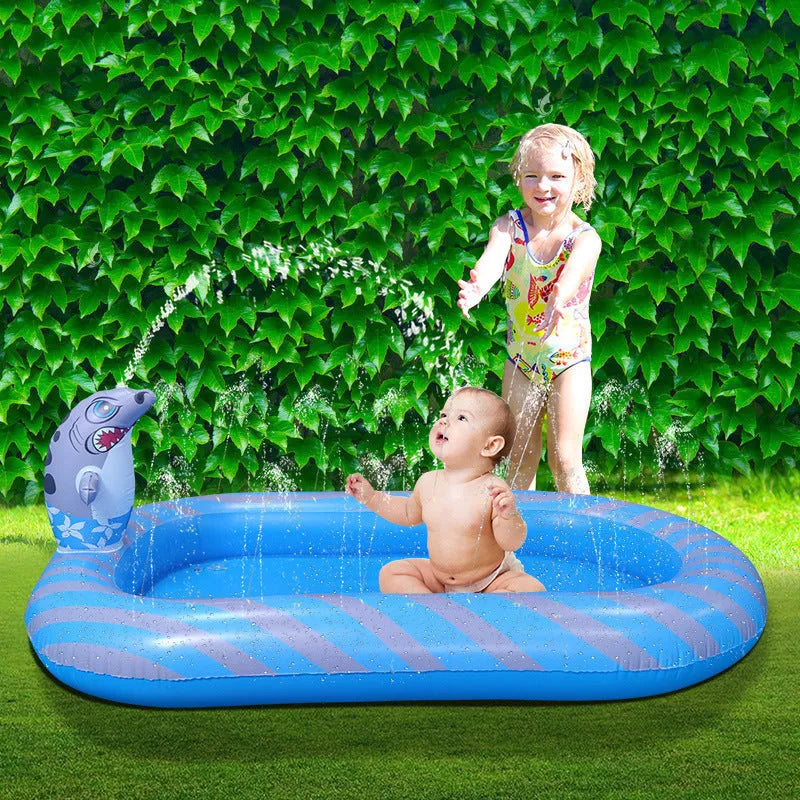 Blue dinosaur water spray pool with built-in splash nozzles for kids' outdoor play