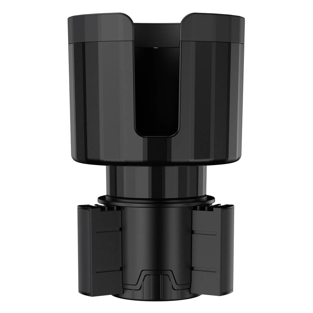 Matte black adjustable car cup holder expander for oversized bottles and thermoses.