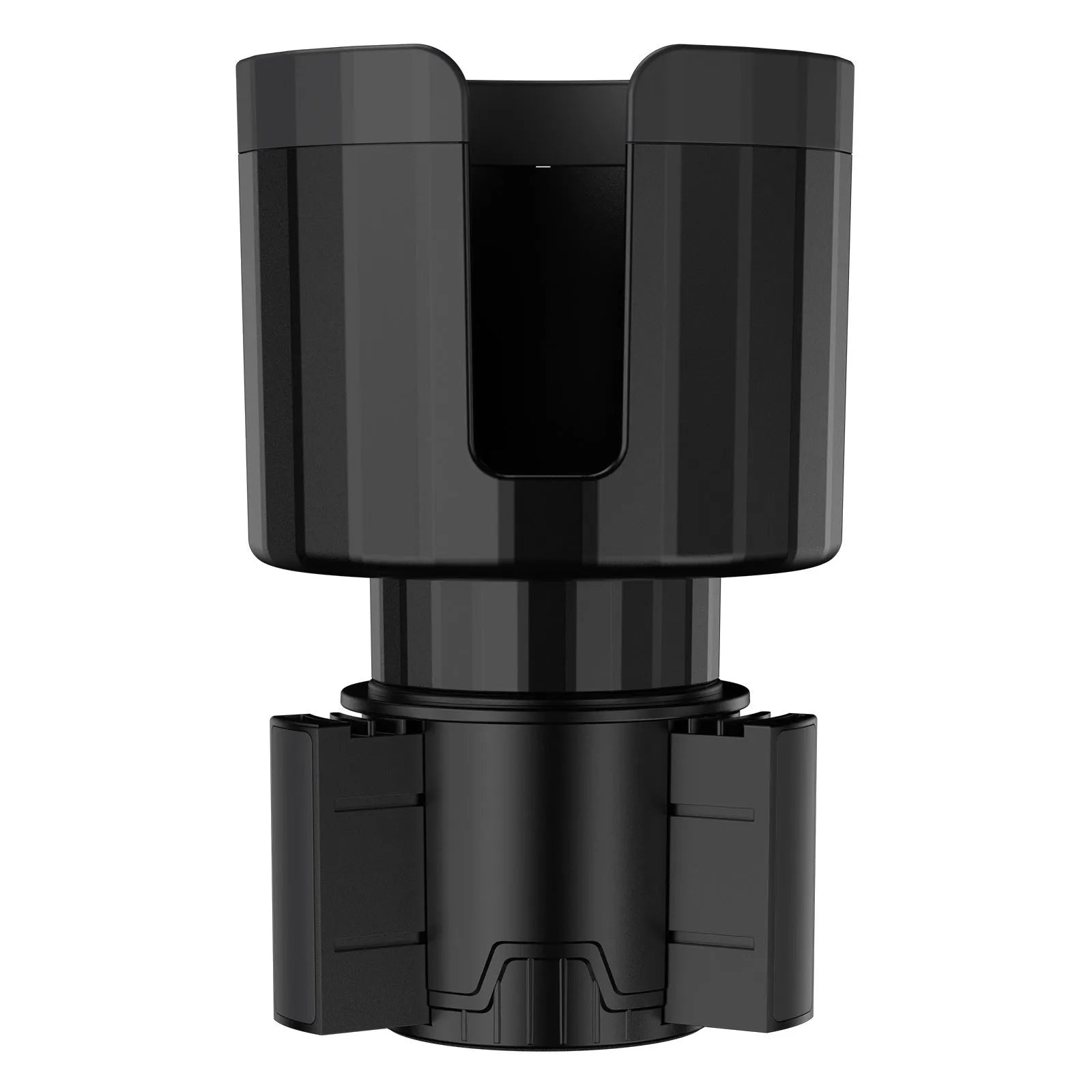 Matte black adjustable car cup holder expander for oversized bottles and thermoses.