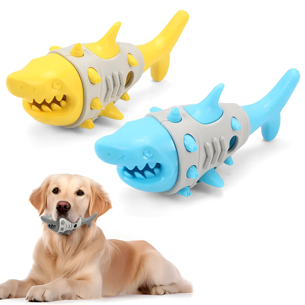 Blue leaky dog chew toy with shark-tooth texture for teeth cleaning and bite-resistant design