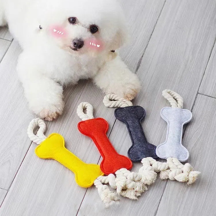 Bone-shaped dog chew toy with rope knot and felt construction in four colour options