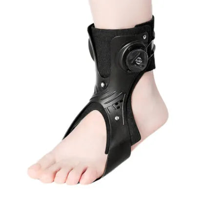 Grey ankle support brace with an airbag button shown on a left foot.