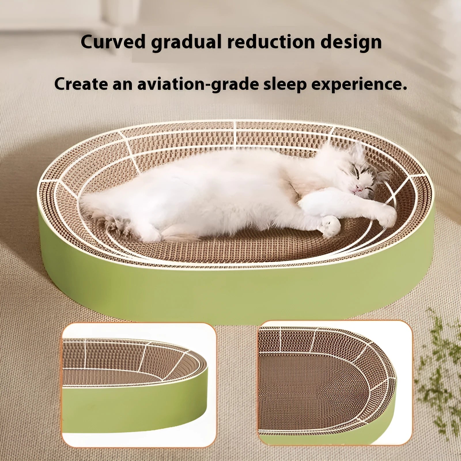Green or purple oval corrugated paper cat scratch board and nest measuring 55cm in diameter