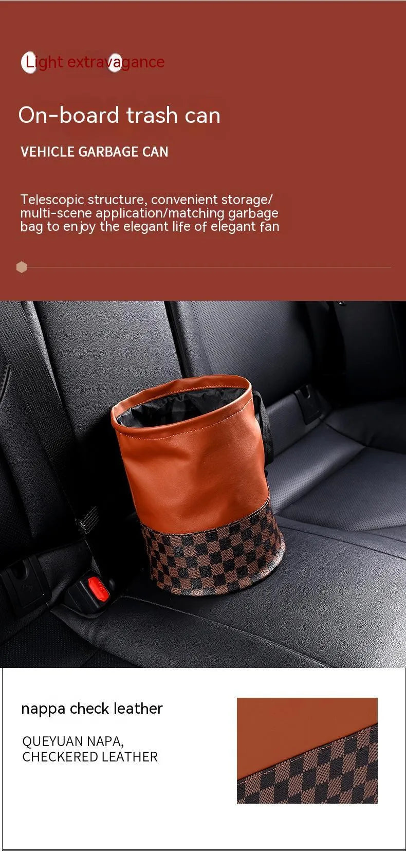 Leather retractable car trash can with handle in folded position