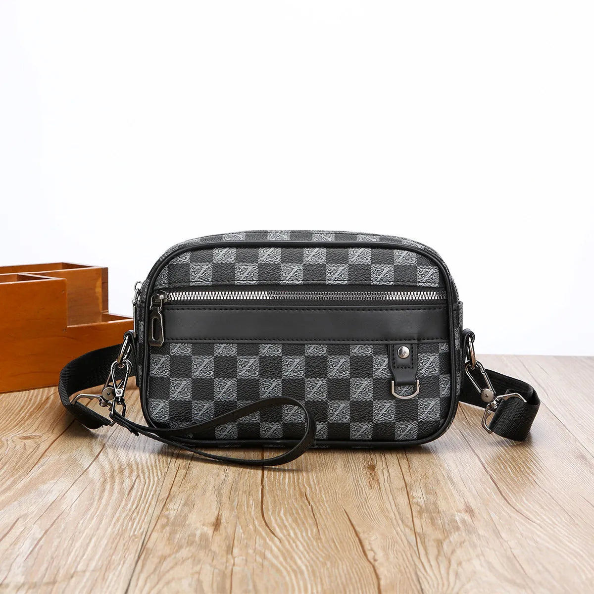 Men's geometric pattern PU messenger bag in horizontal handheld design with crossbody strap