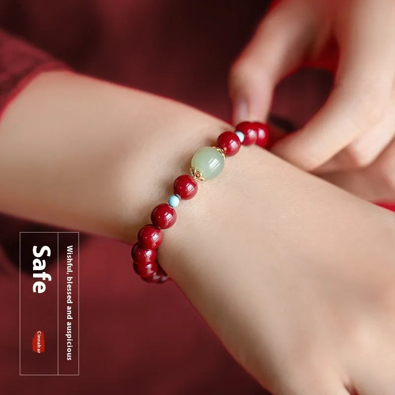 Purple gold sand cinnabar and Hetian jade bead bracelet with elliptical geometric beads