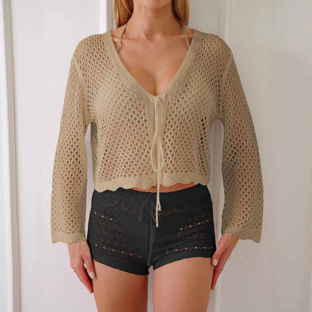 Short women's cardigan blouse with bell sleeves in apricot hollow woven fabric