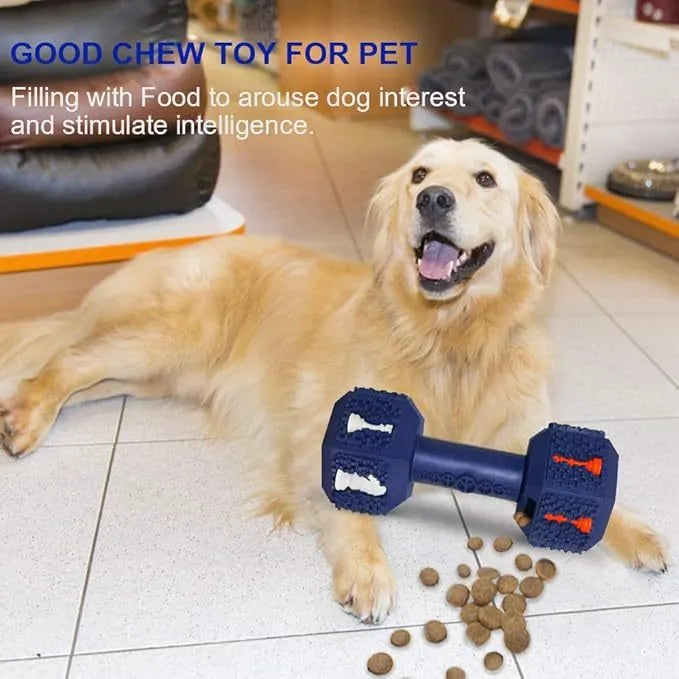 Heavy-duty dog chew toy dumbbell shape with hollow ends for treats in black or blue colour