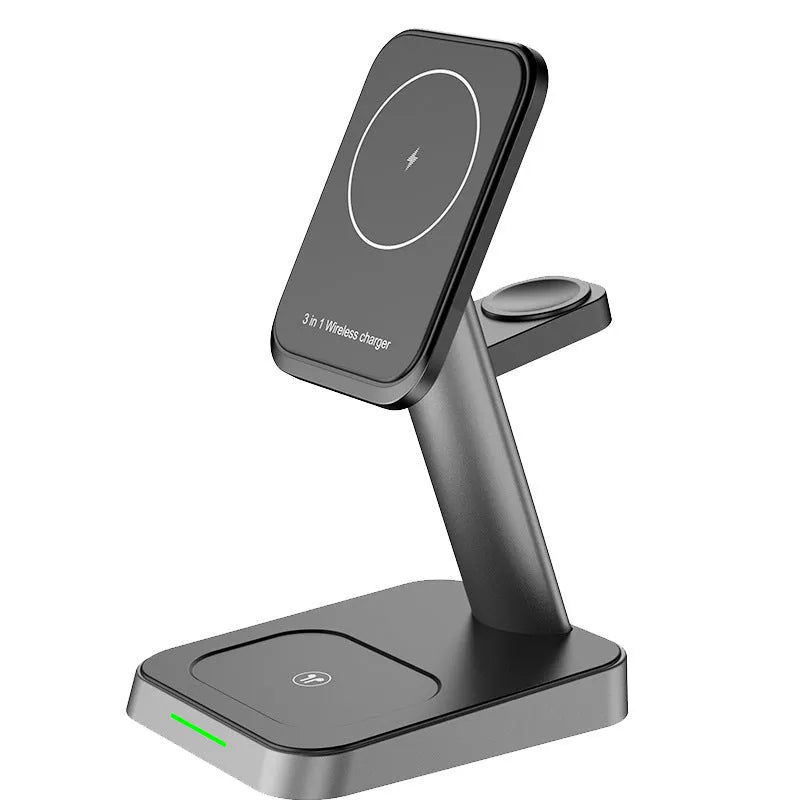 Black three-in-one wireless charging station for mobile phone, watch, and earbuds