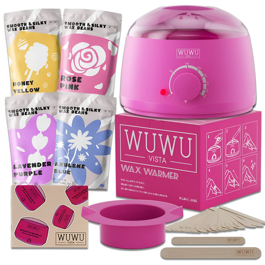 27-piece hair removal wax kit showing wax warmer machine, four coloured wax beads, wax sticks and guidebook