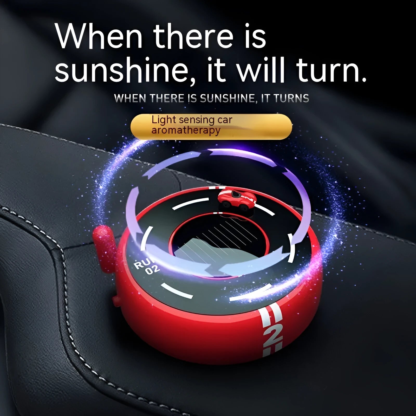 Round car shaped solar aromatherapy decoration for vehicle interiors in black, red or white colours