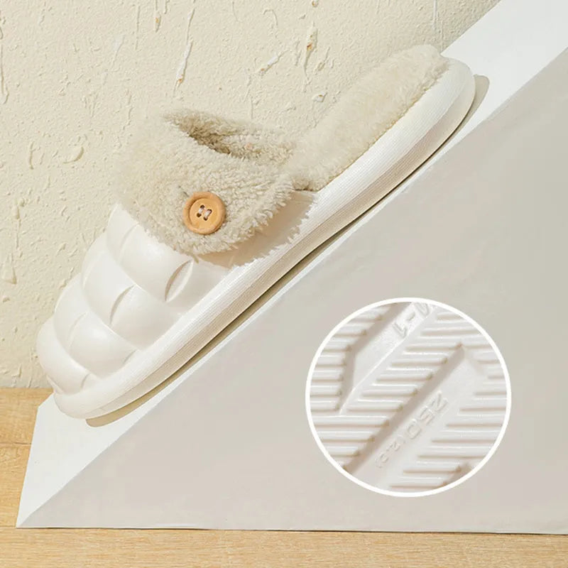 Plaid detachable EVA slippers with plush lining, shown in pink, with a round toe and flat sole.