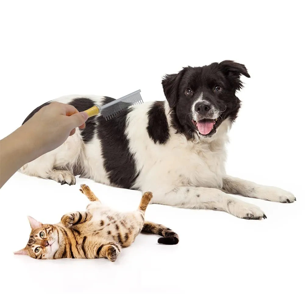 Wooden handle pet grooming comb for dogs and cats with round teeth