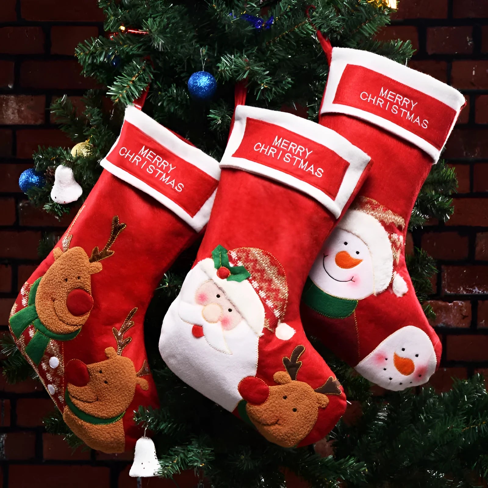 Non-woven fabric Christmas candy bag showing elk, elderly man, and snowman printed designs for tree hanging