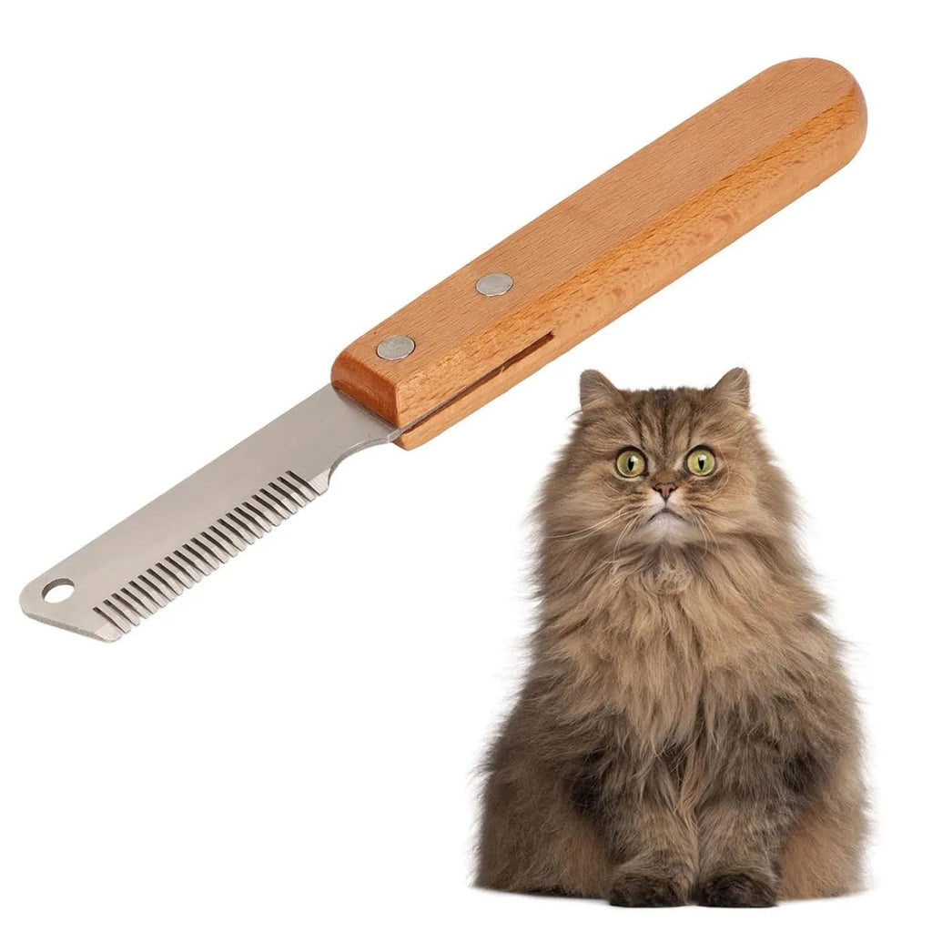 Pet stripping comb with wood handle for removing floating hair and mats from dogs and cats.