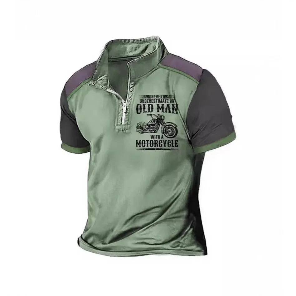 Men's casual polo shirt with lapel collar and black digital letter print on chest.