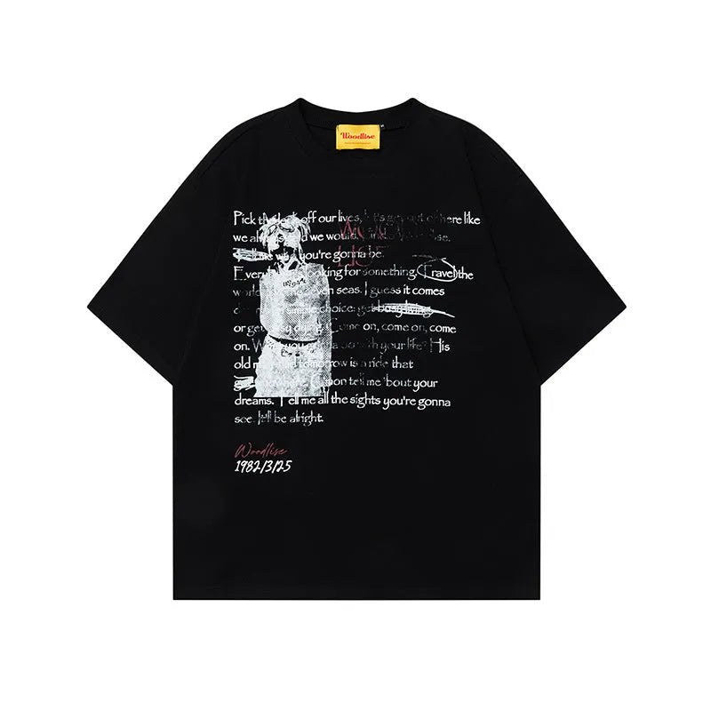 Men's black loose retro t-shirt with white letter print and short raglan sleeves.