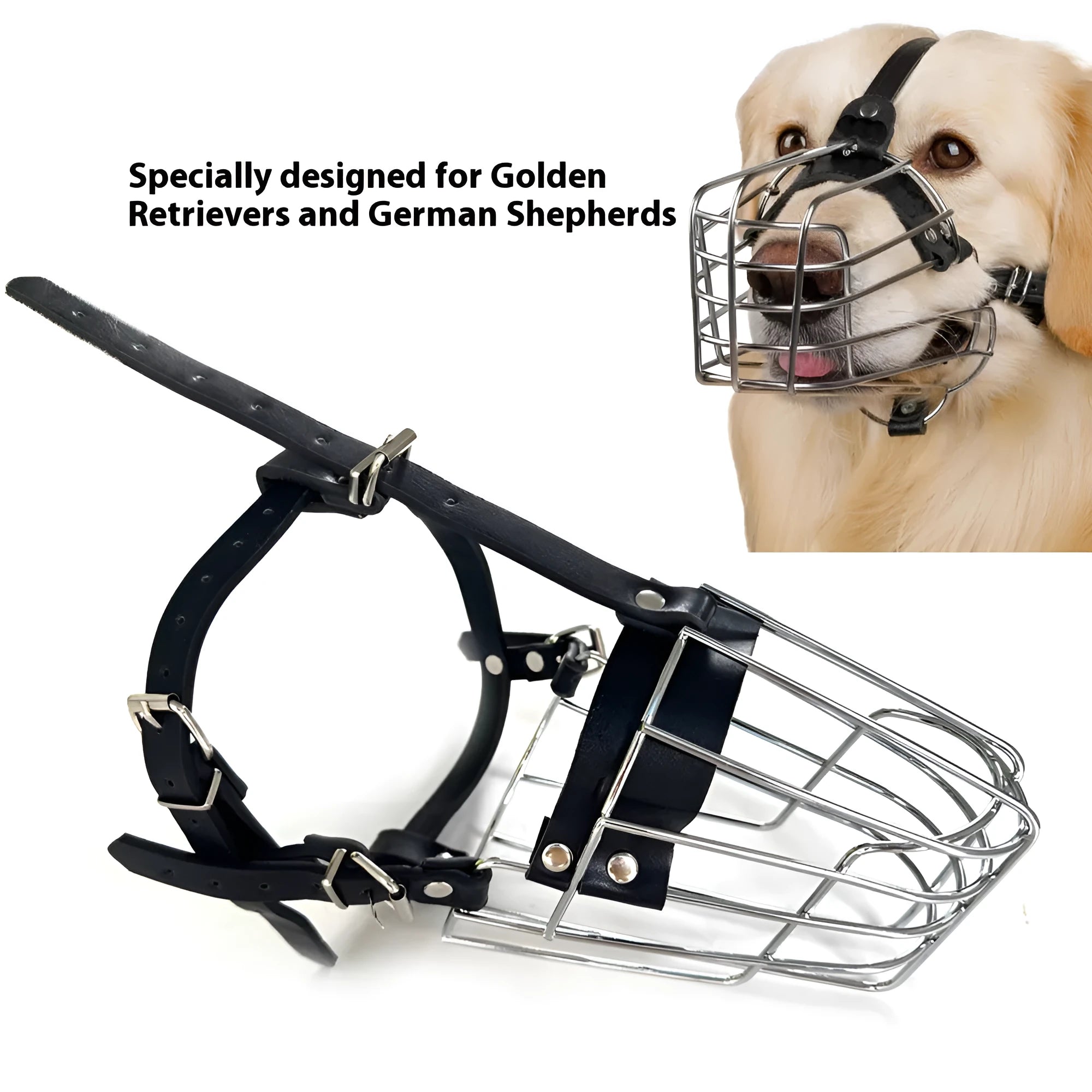 Black metal dog muzzle designed for Golden Retrievers and German Shepherds with buckle strap.