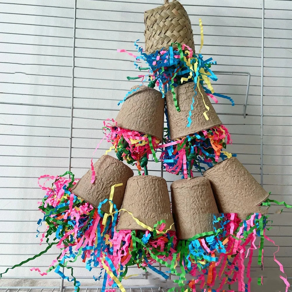 Parrot paper cup palm weaving gnawing toy hanging from a loop, length 38cm.