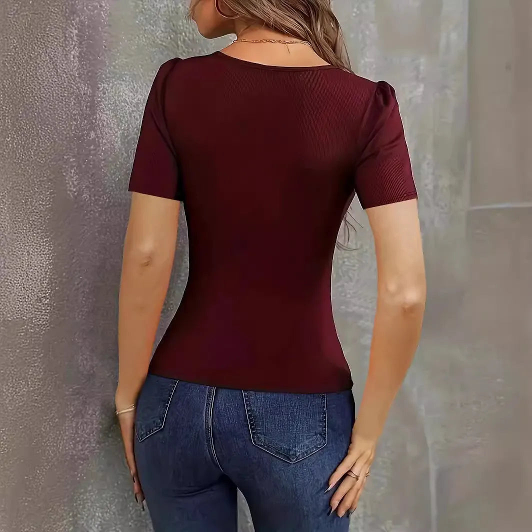 Women's knitted short sleeve pullover top in wine red with low neckline and slim fit