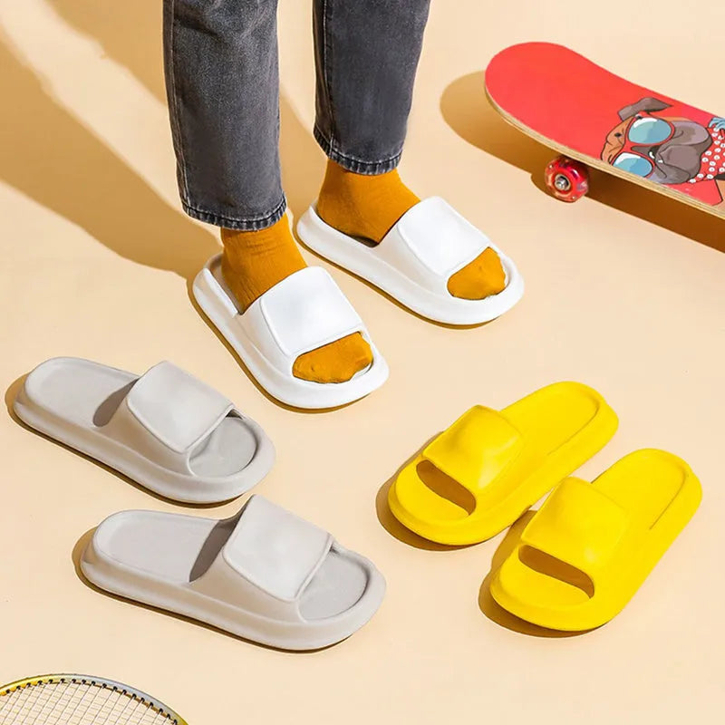 Soft EVA flip-flop slippers with thick non-slip soles in multiple colours on a white background.